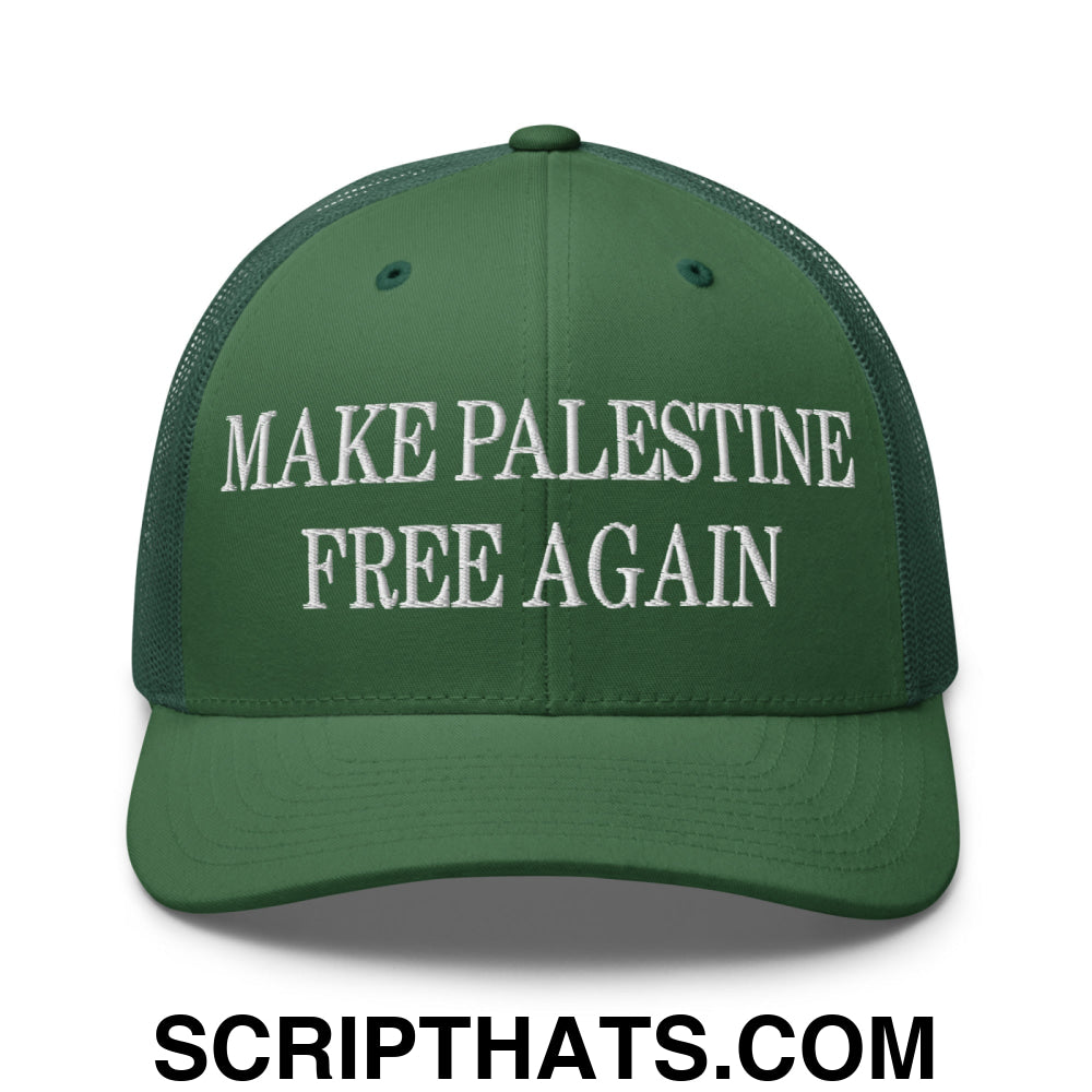 Make Palestine Free Again Embroidered Mesh Trucker Hat Evergreen