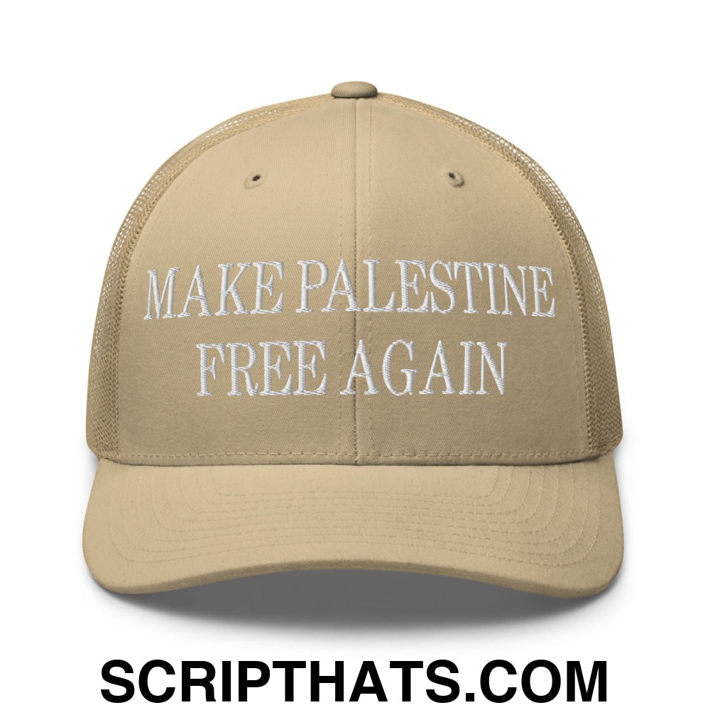 Make Palestine Free Again Embroidered Mesh Trucker Hat Khaki