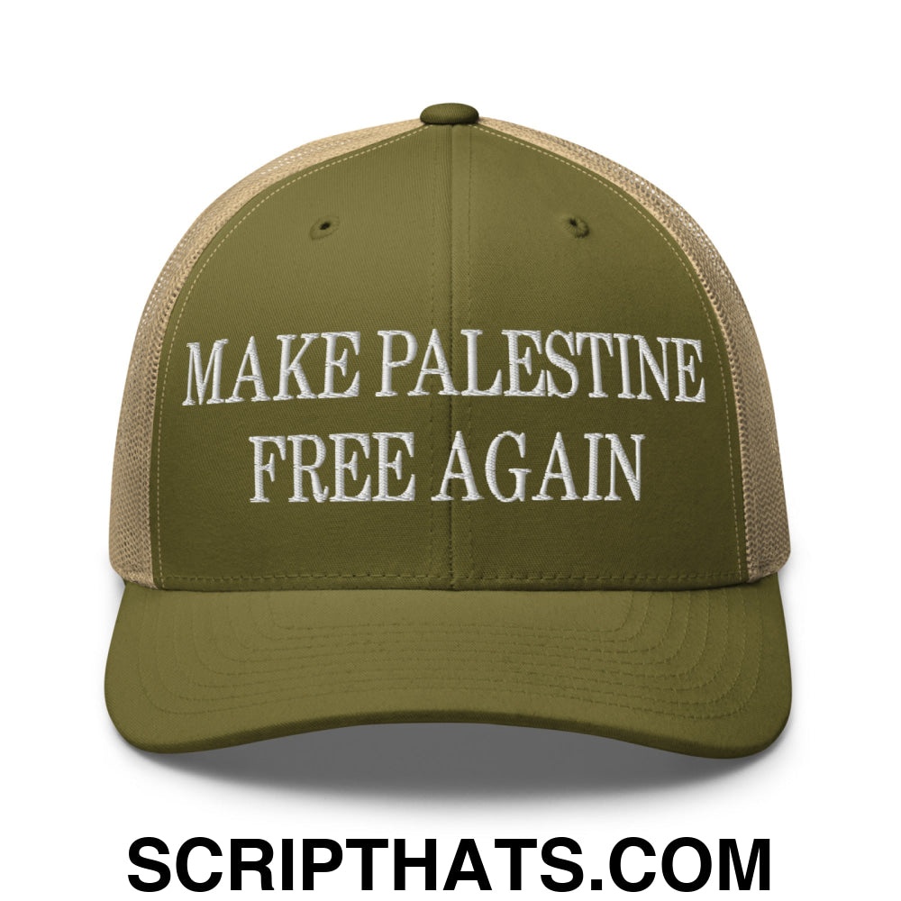 Make Palestine Free Again Embroidered Mesh Trucker Hat Moss Khaki