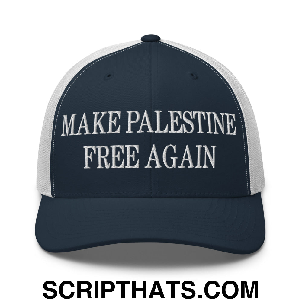 Make Palestine Free Again Embroidered Mesh Trucker Hat Navy White