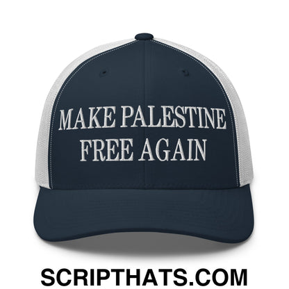 Make Palestine Free Again Embroidered Mesh Trucker Hat Navy White