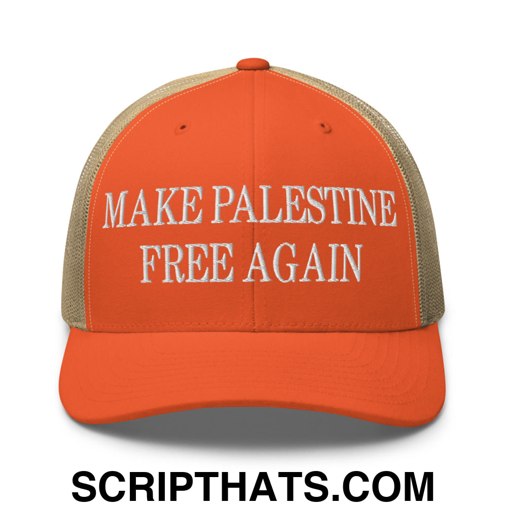 Make Palestine Free Again Embroidered Mesh Trucker Hat Rustic Orange Khaki