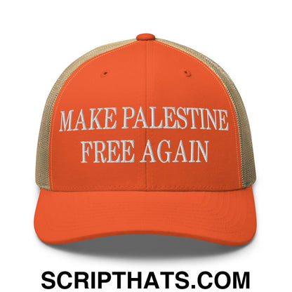 Make Palestine Free Again Embroidered Mesh Trucker Hat Rustic Orange Khaki