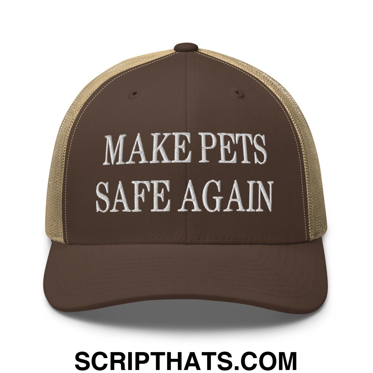 Make Pets Safe Again Embroidered Mesh Trucker Hat Brown Khaki