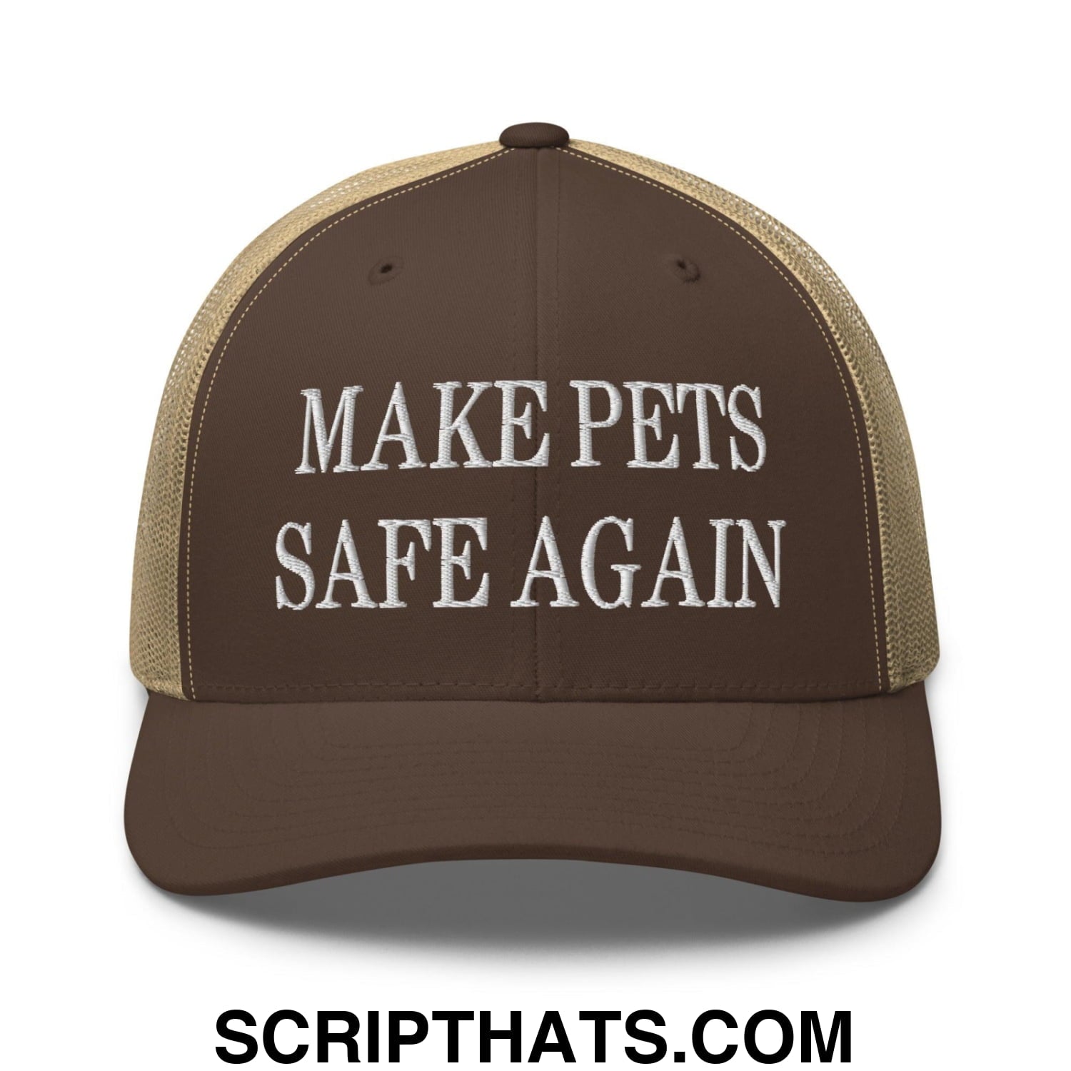 Make Pets Safe Again Embroidered Mesh Trucker Hat Brown Khaki