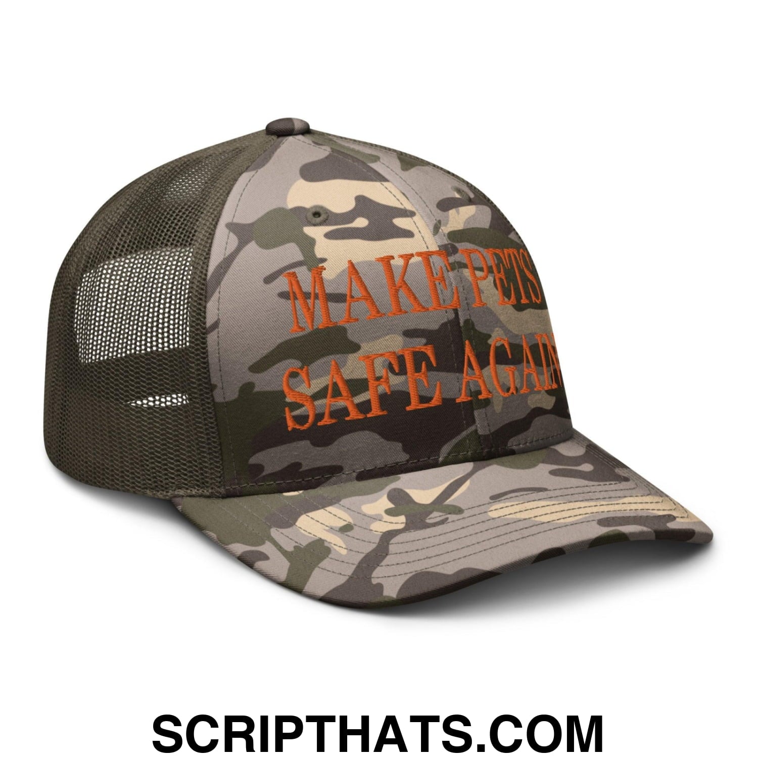 Make Pets Safe Again Embroidered Orange Camo Trucker Hat Camo Olive