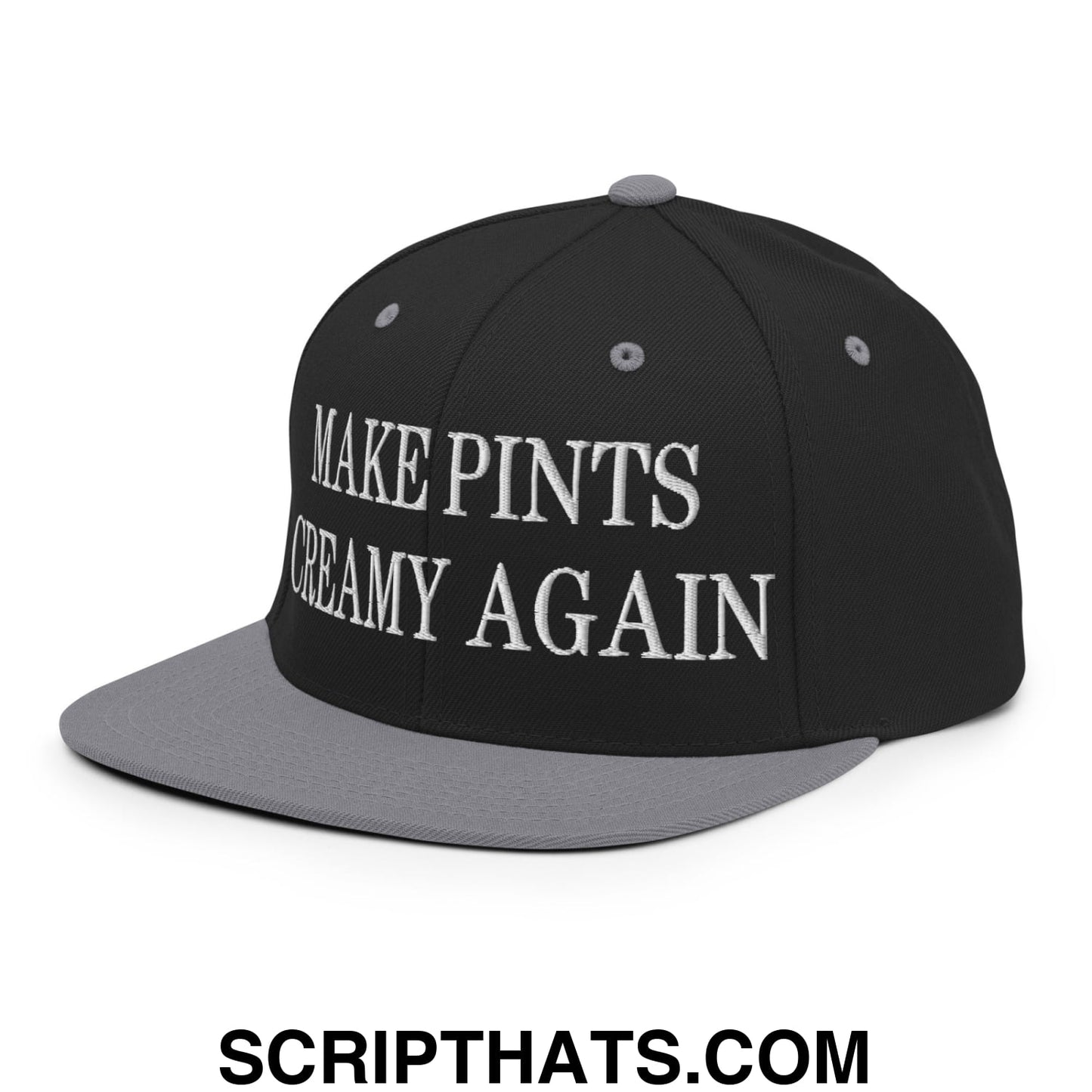 Black and gray flat bill snapback hat with white embroidered make pints creamy again text on front