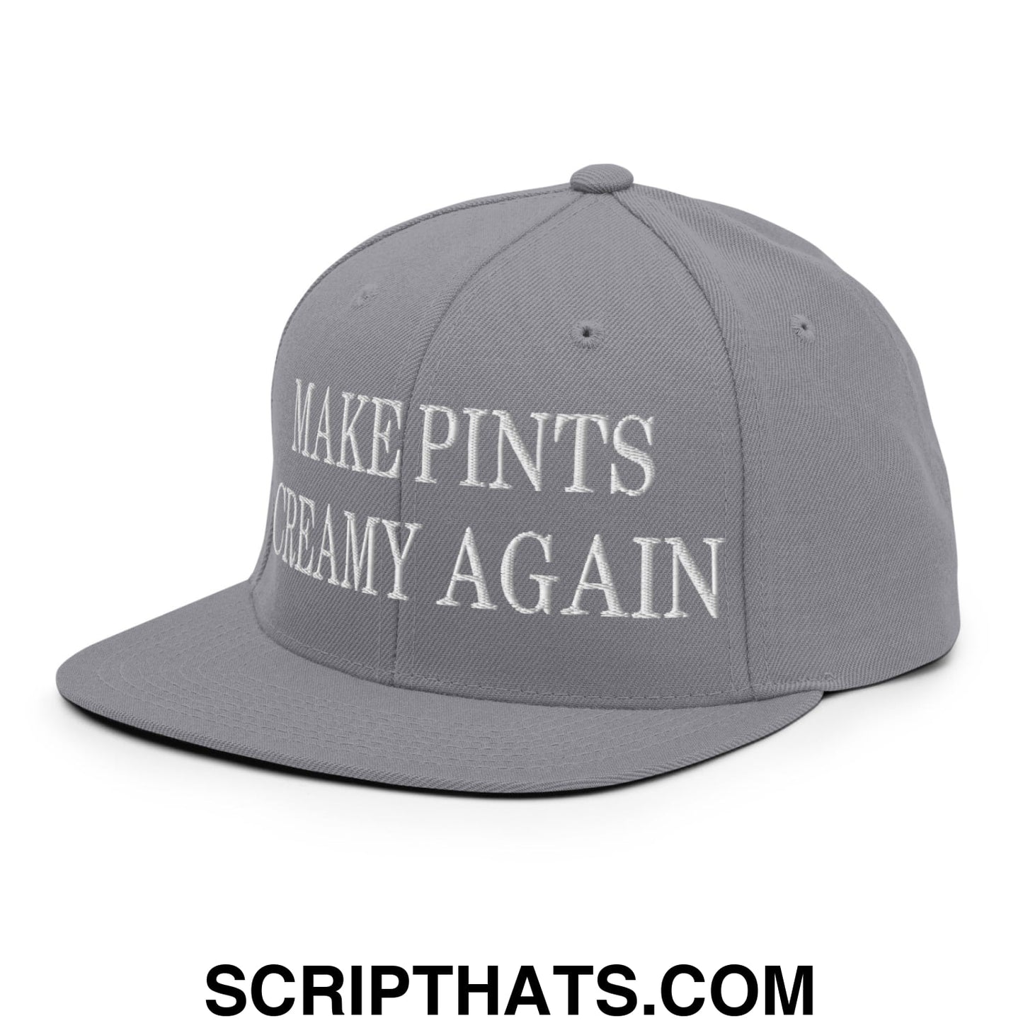Gray snapback hat with white embroidered make pints creamy again text and flat bill brim for casual wear