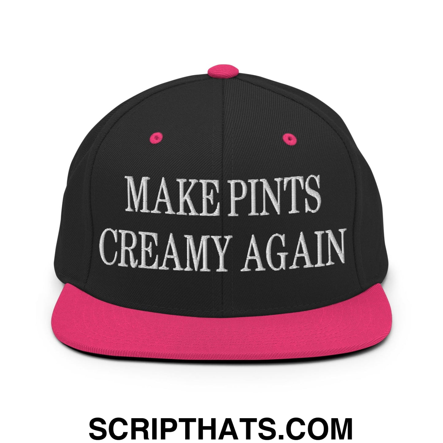 Black snapback cap with vibrant pink brim and button featuring white embroidered text make pints creamy again