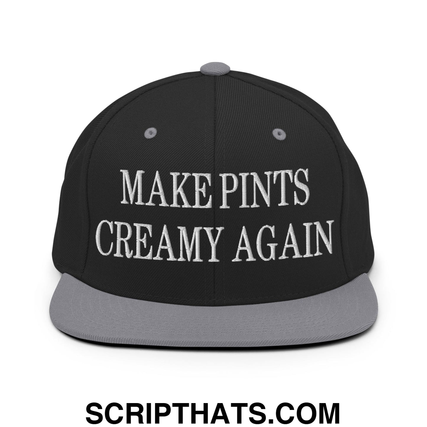 Black snapback hat with gray flat bill brim and white embroidered text make pints creamy again for casual wear