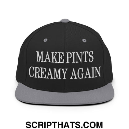 Black snapback hat with gray flat bill brim and white embroidered text make pints creamy again for casual wear