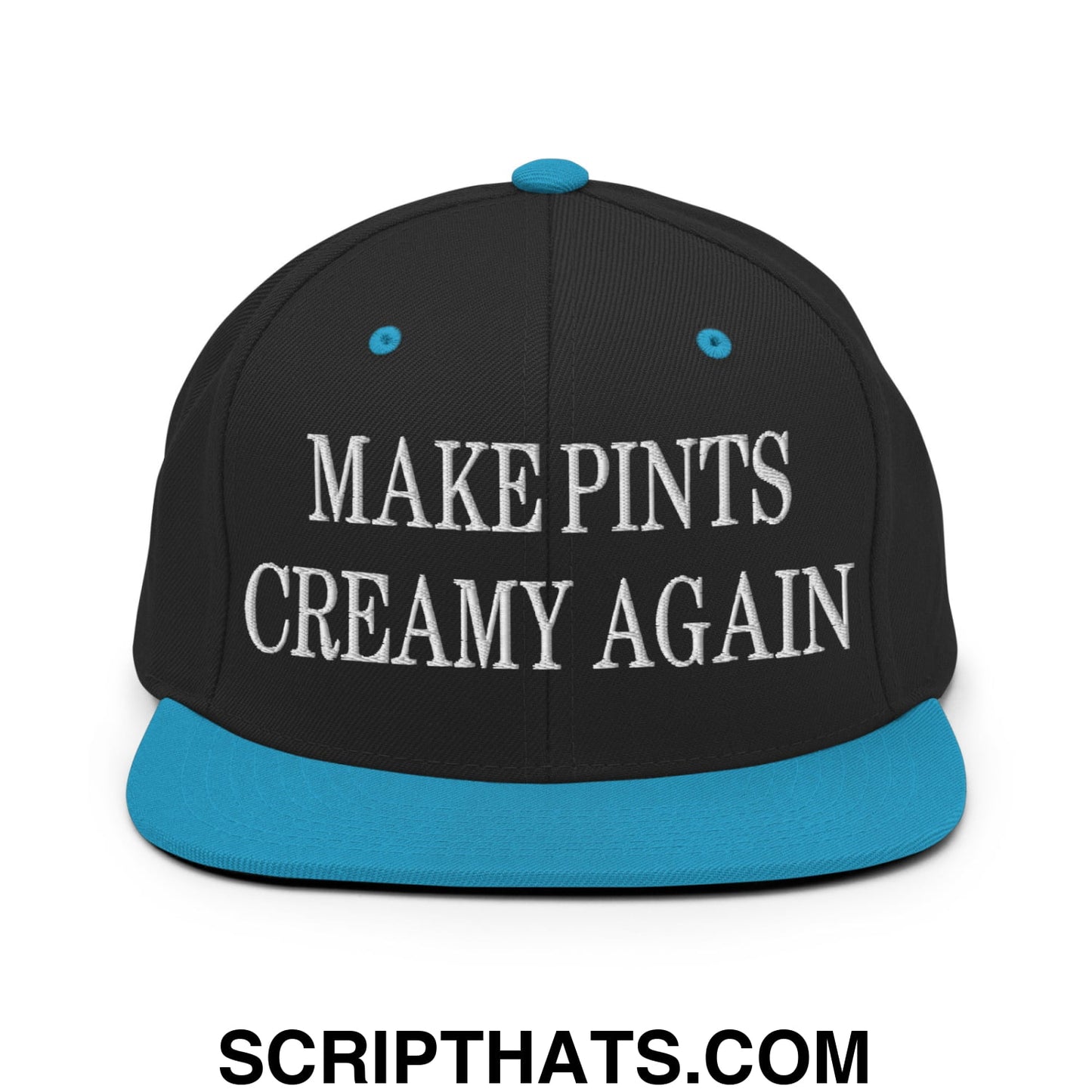 Black snapback cap with teal brim and button featuring white embroidered text make pints creamy again