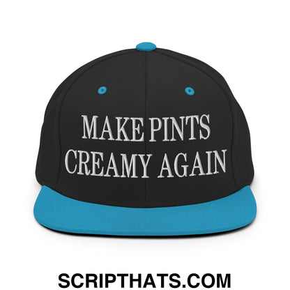 Black snapback cap with teal brim and button featuring white embroidered text make pints creamy again