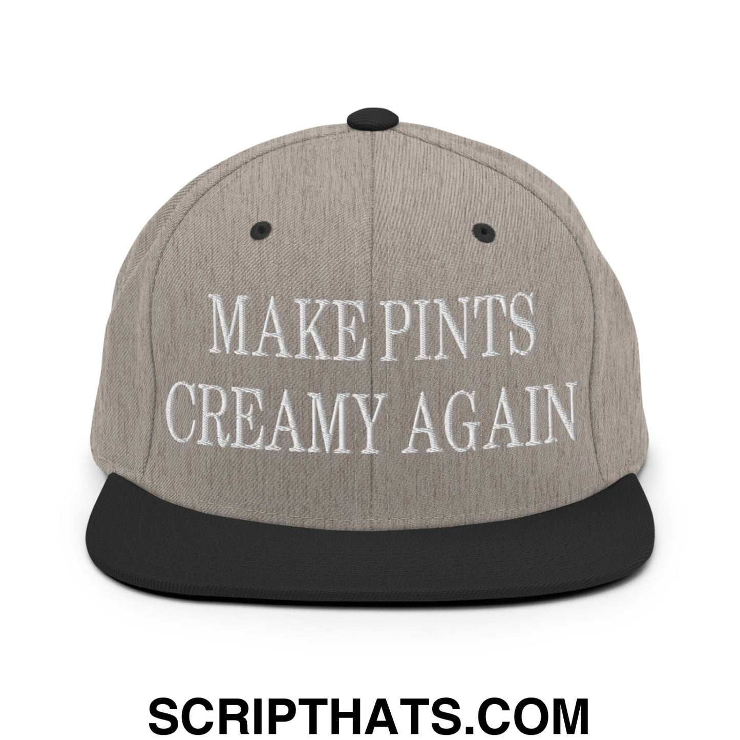 Gray snapback hat with black brim and embroidered white text make pints creamy again on the front panel