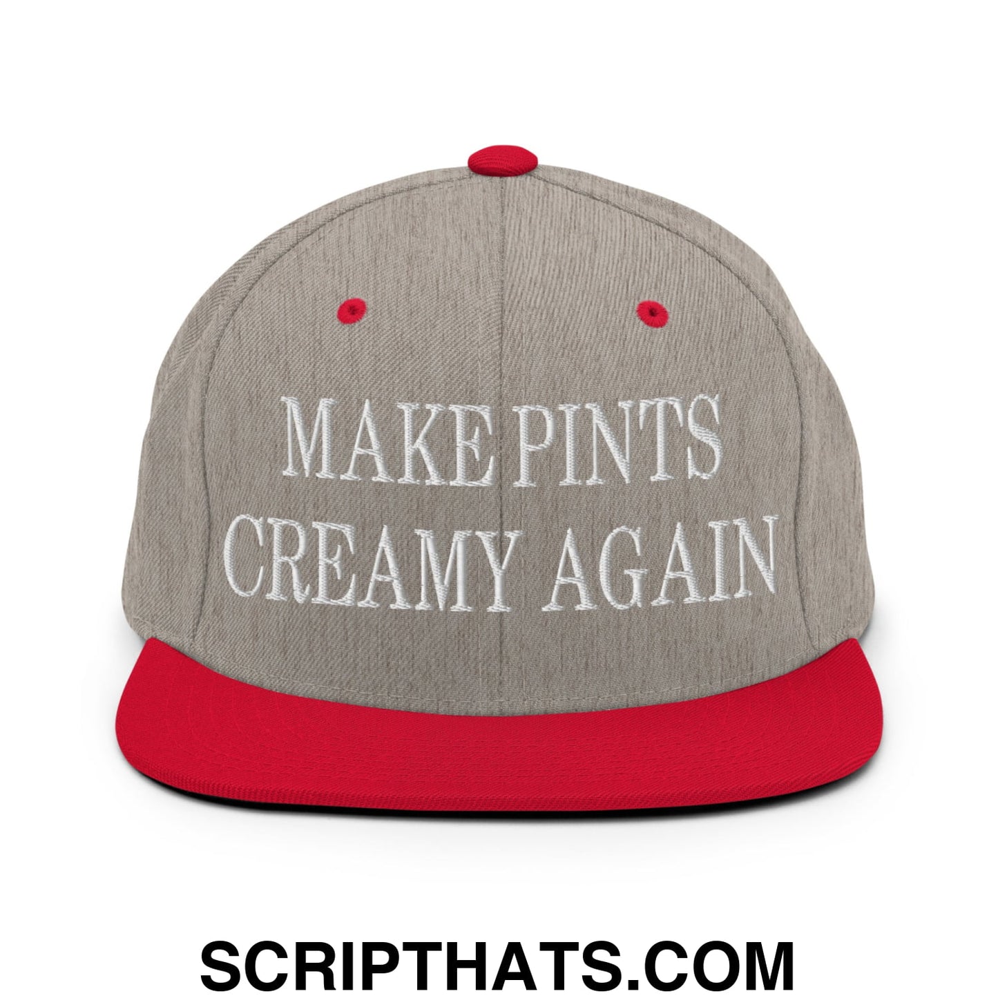 Gray and red snapback hat with white embroidered text make pints creamy again flat bill brim design