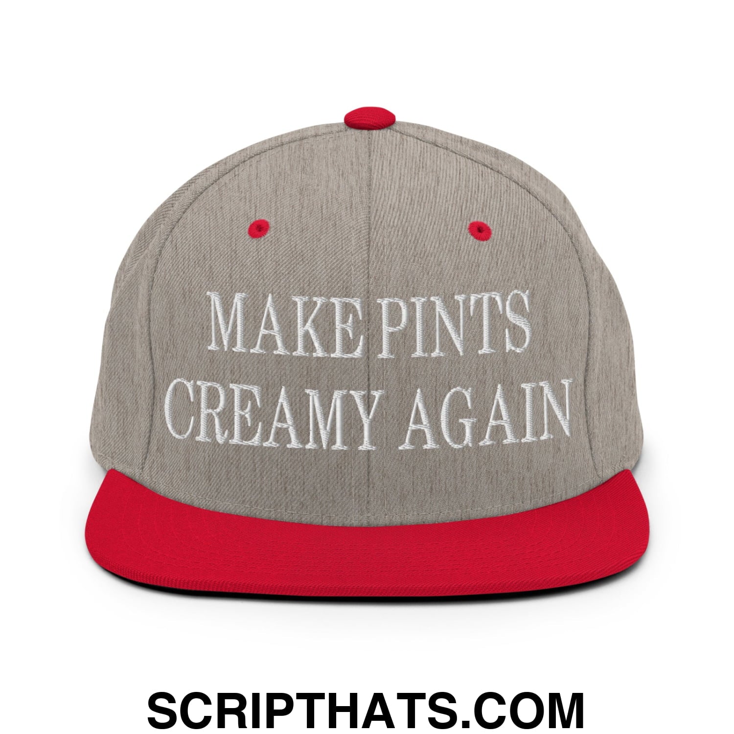 Gray and red snapback hat with white embroidered text make pints creamy again flat bill brim design