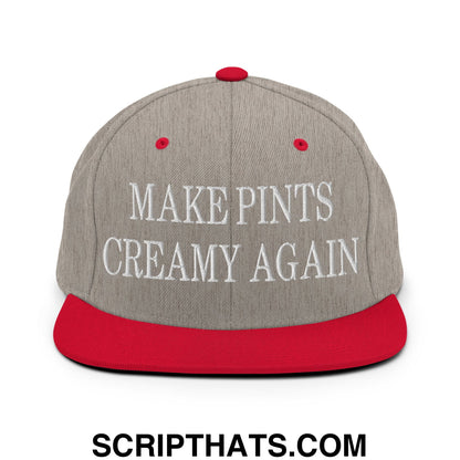 Gray and red snapback hat with white embroidered text make pints creamy again flat bill brim design