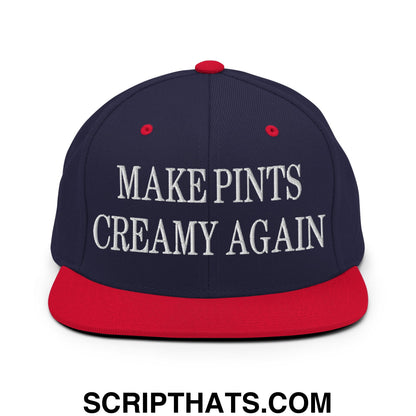 Navy blue and red snapback hat with white embroidered make pints creamy again text and flat bill brim