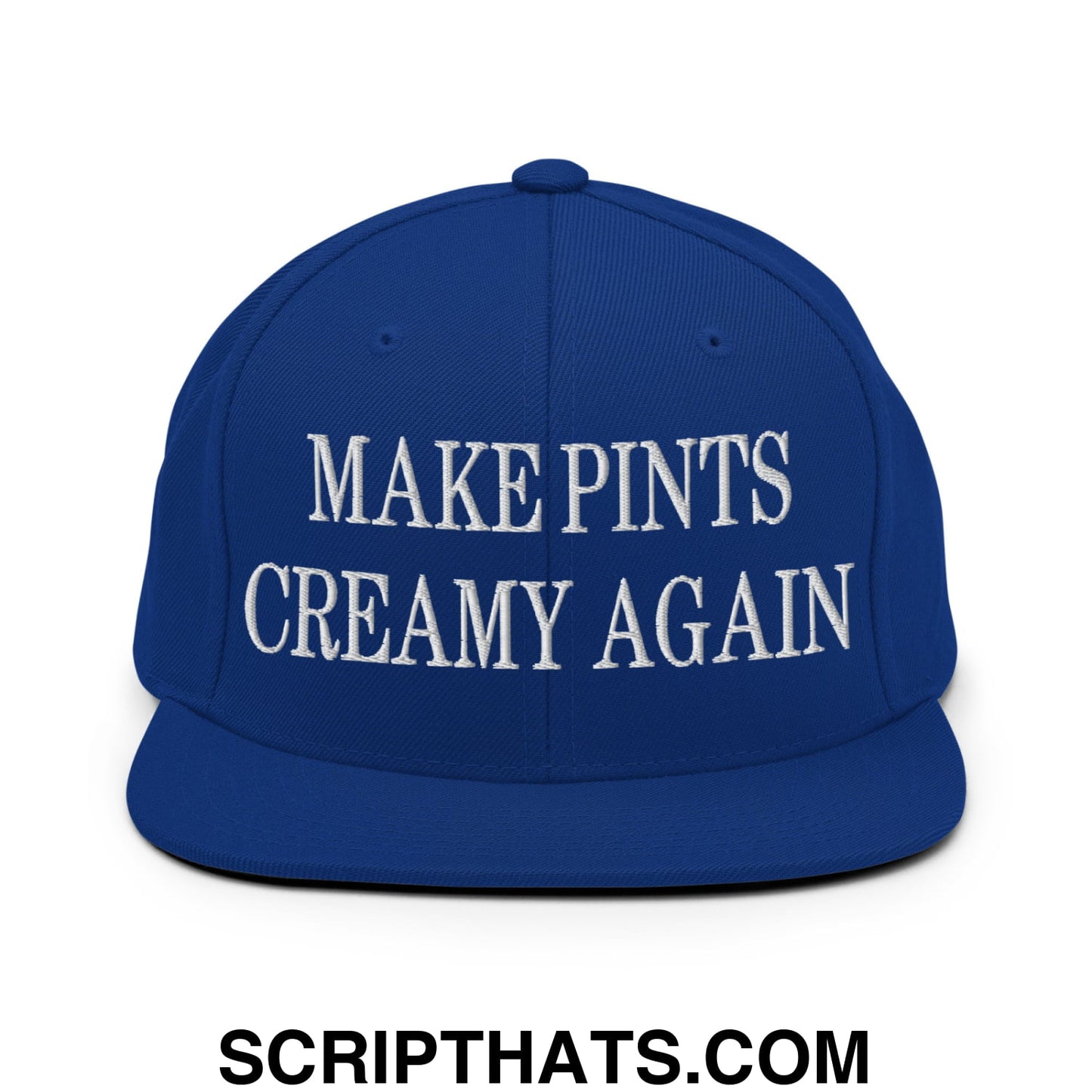 Royal blue snapback hat with white embroidered text make pints creamy again flat bill brim design