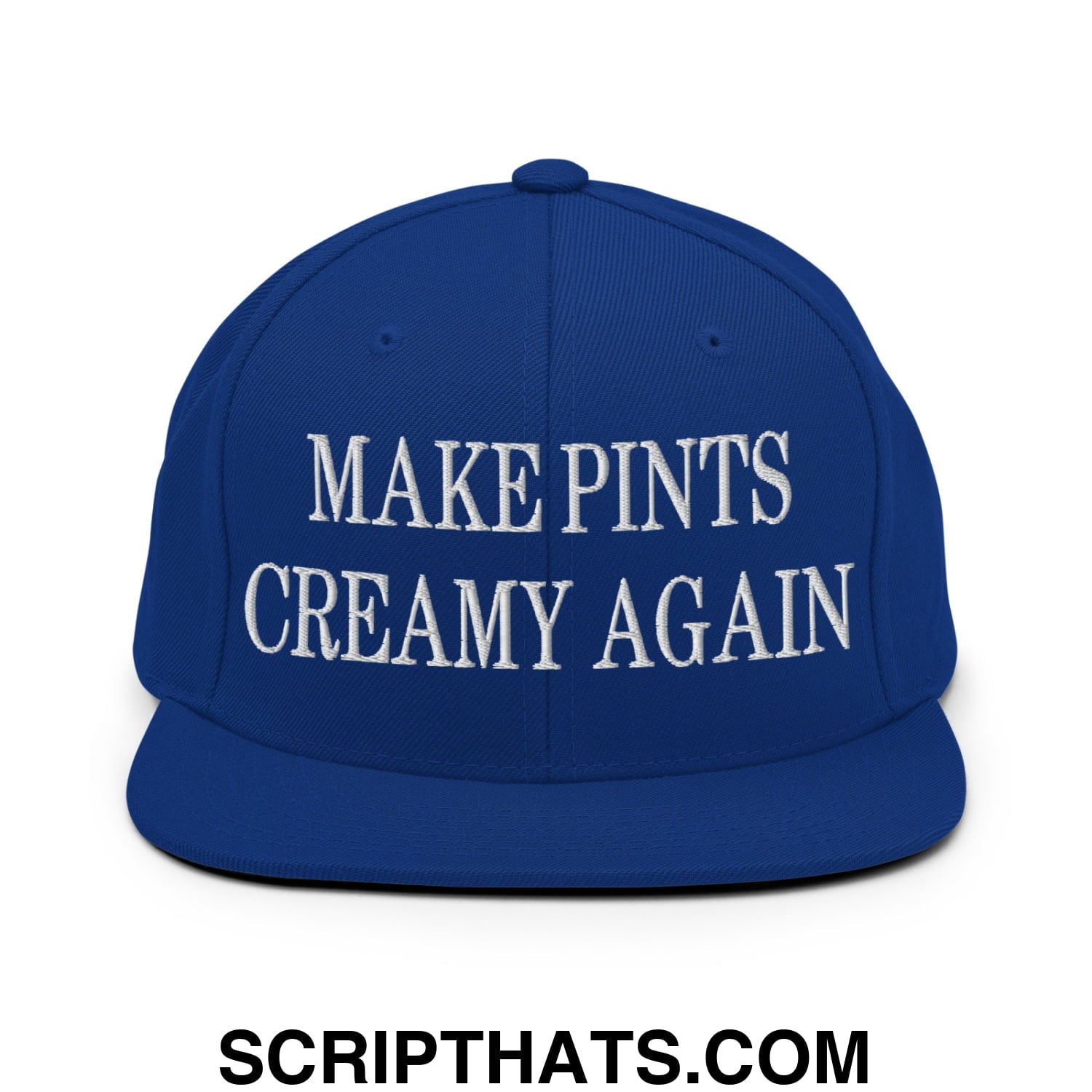 Royal blue snapback hat with white embroidered text make pints creamy again flat bill brim design