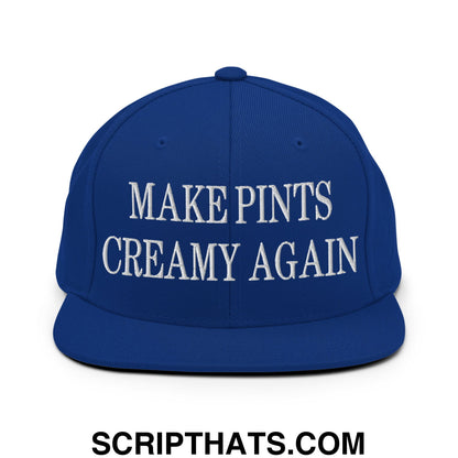 Royal blue snapback hat with white embroidered text make pints creamy again flat bill brim design