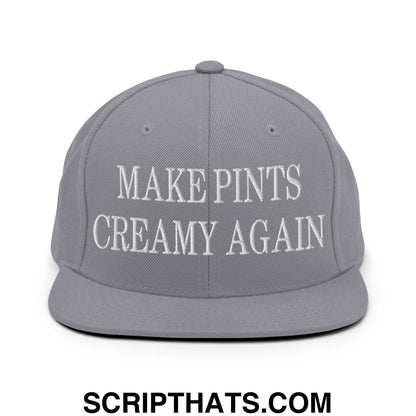 Gray snapback hat with white embroidered text make pints creamy again featuring a flat bill brim design