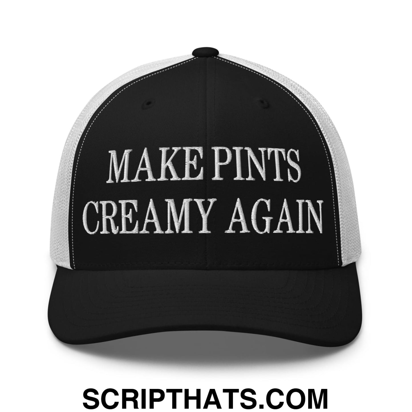 Black and white mesh trucker hat with embroidered make pints creamy again text in bold uppercase font