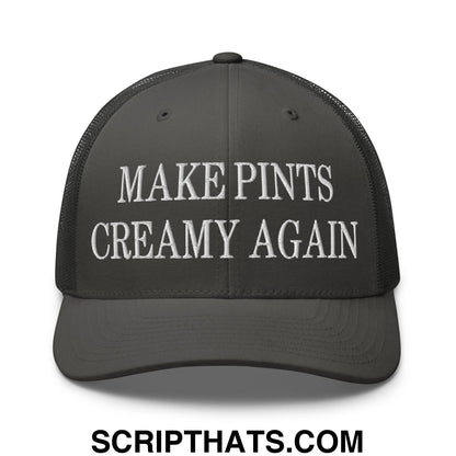 Black mesh trucker hat with white embroidered make pints creamy again text on the front panel