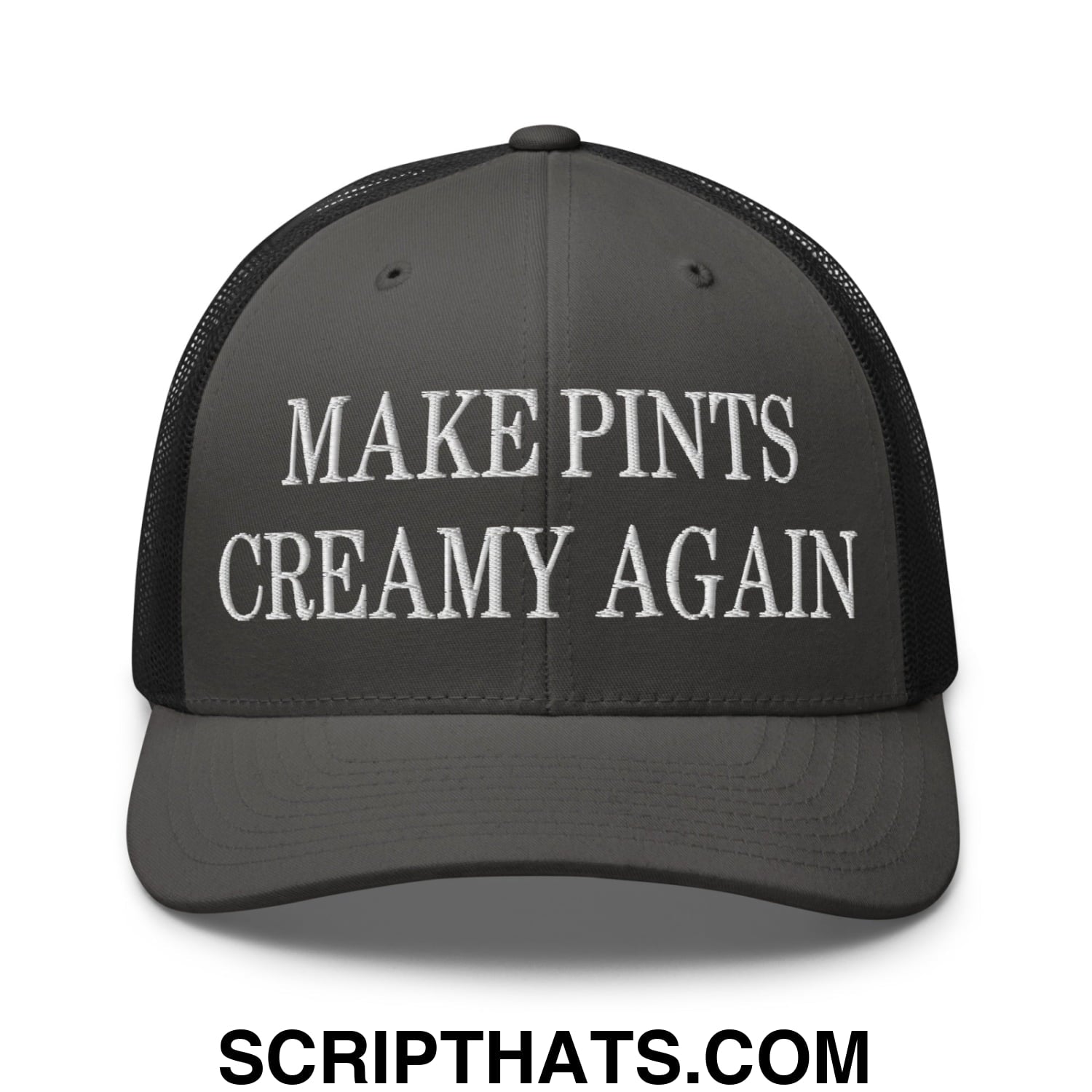 Dark gray mesh trucker hat with white embroidered make pints creamy again text across the front panel