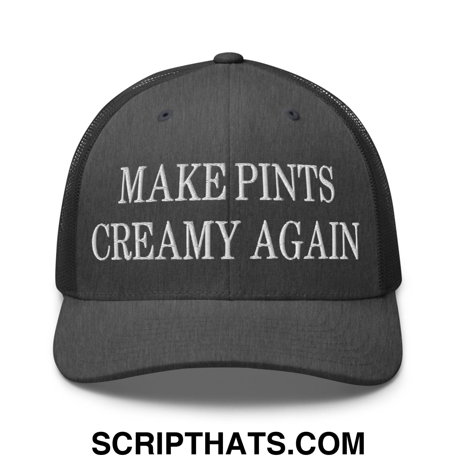 Black mesh trucker hat with white embroidered make pints creamy again text on the front panel