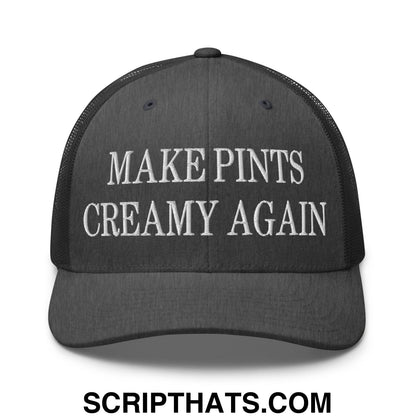 Black mesh trucker hat with white embroidered make pints creamy again text on the front panel