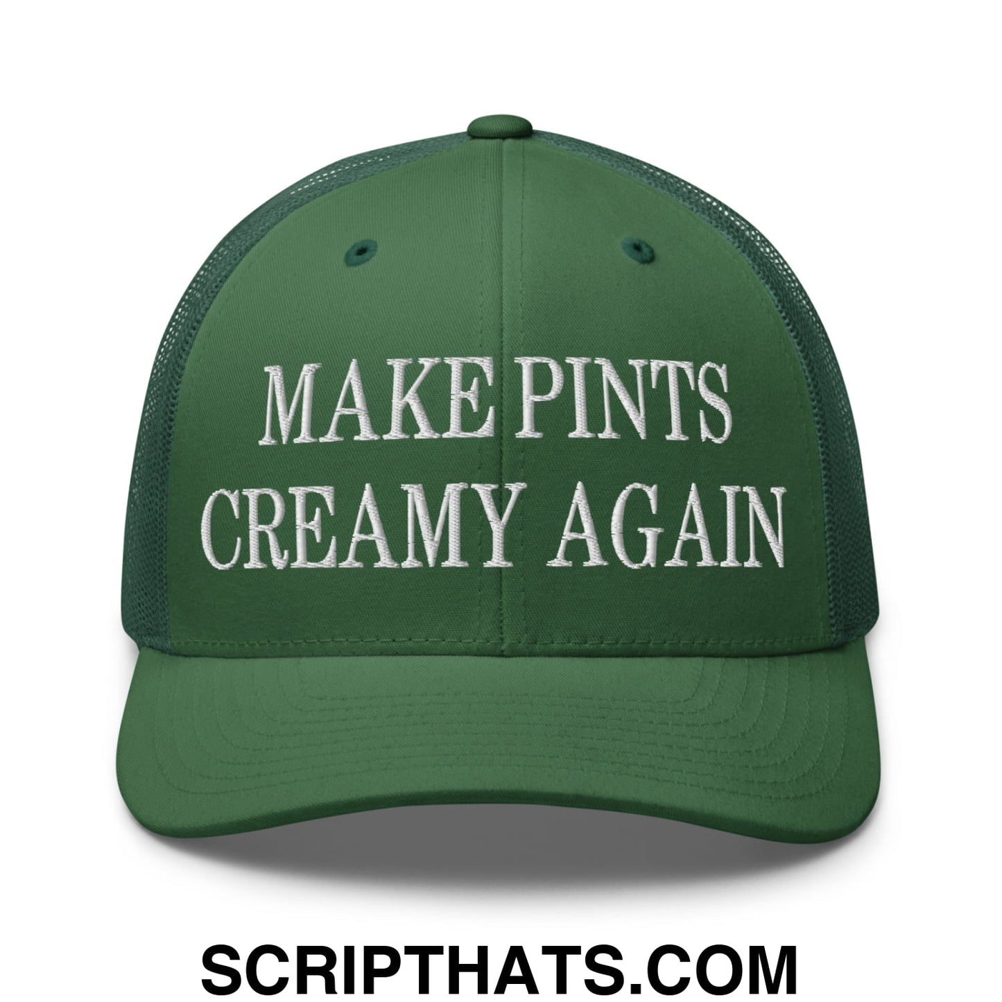 Dark green embroidered mesh trucker hat with white make pints creamy again text on the front