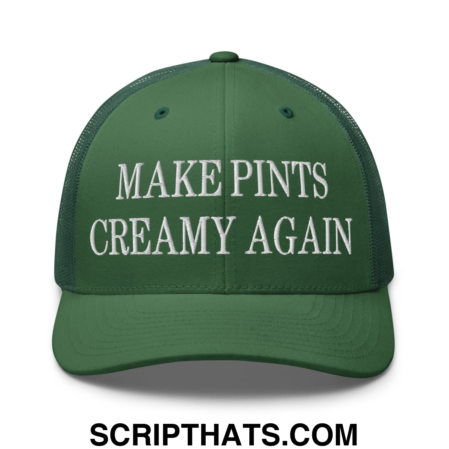 Dark green embroidered mesh trucker hat with white make pints creamy again text on the front