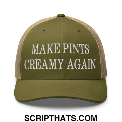 Olive green and tan mesh trucker hat with white embroidered text reading make pints creamy again