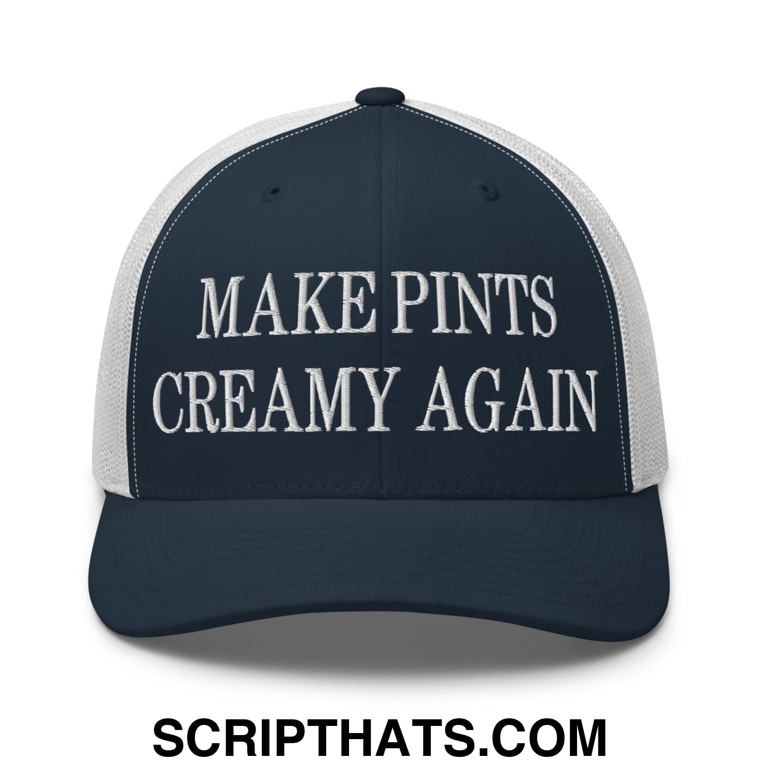 Navy blue and white mesh trucker hat with embroidered make pints creamy again text for casual wear