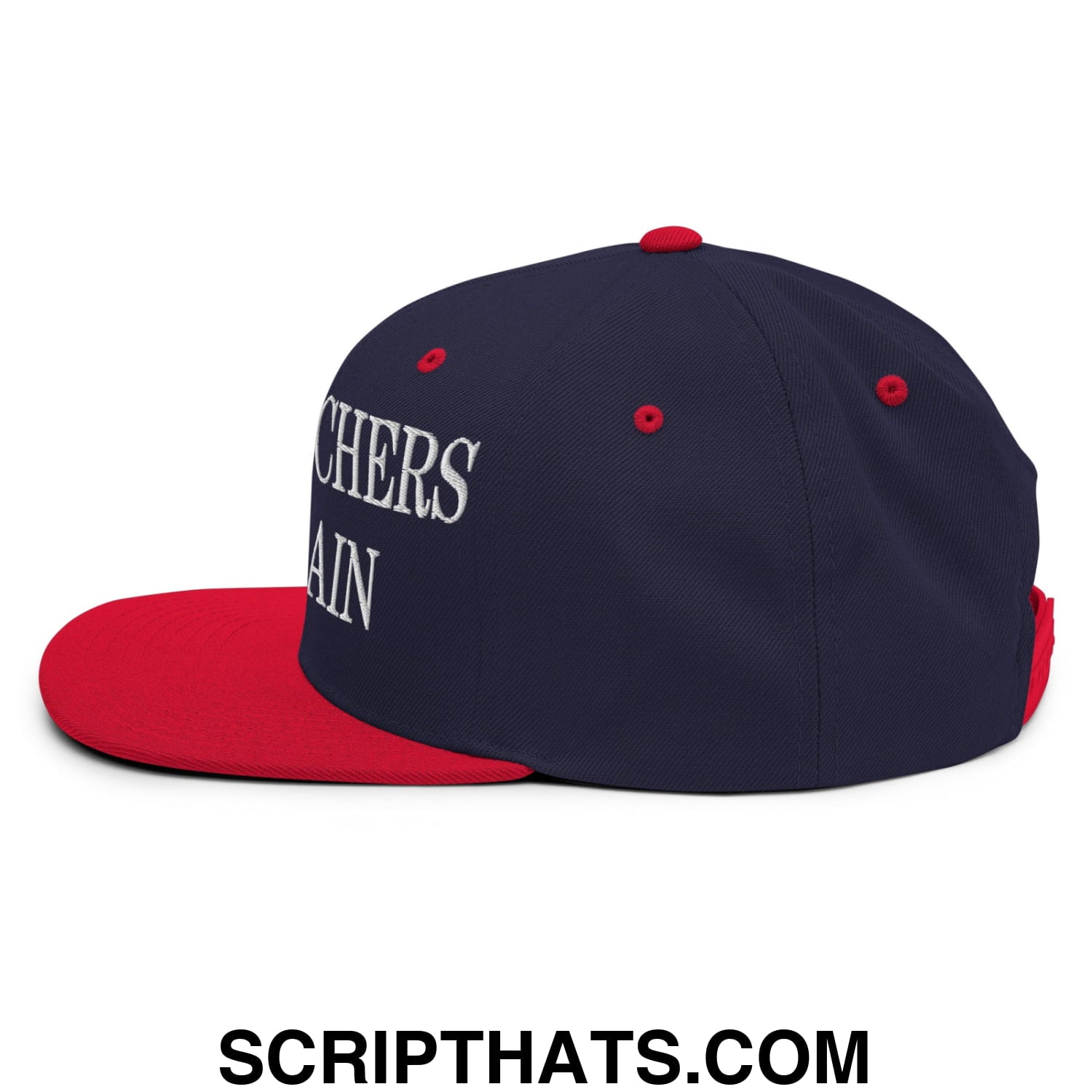 Navy blue and red snapback hat with white embroidered make pitchers hit again text and flat bill brim design
