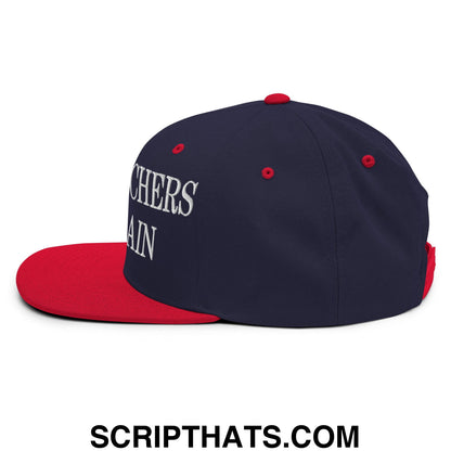 Navy blue and red snapback hat with white embroidered make pitchers hit again text and flat bill brim design