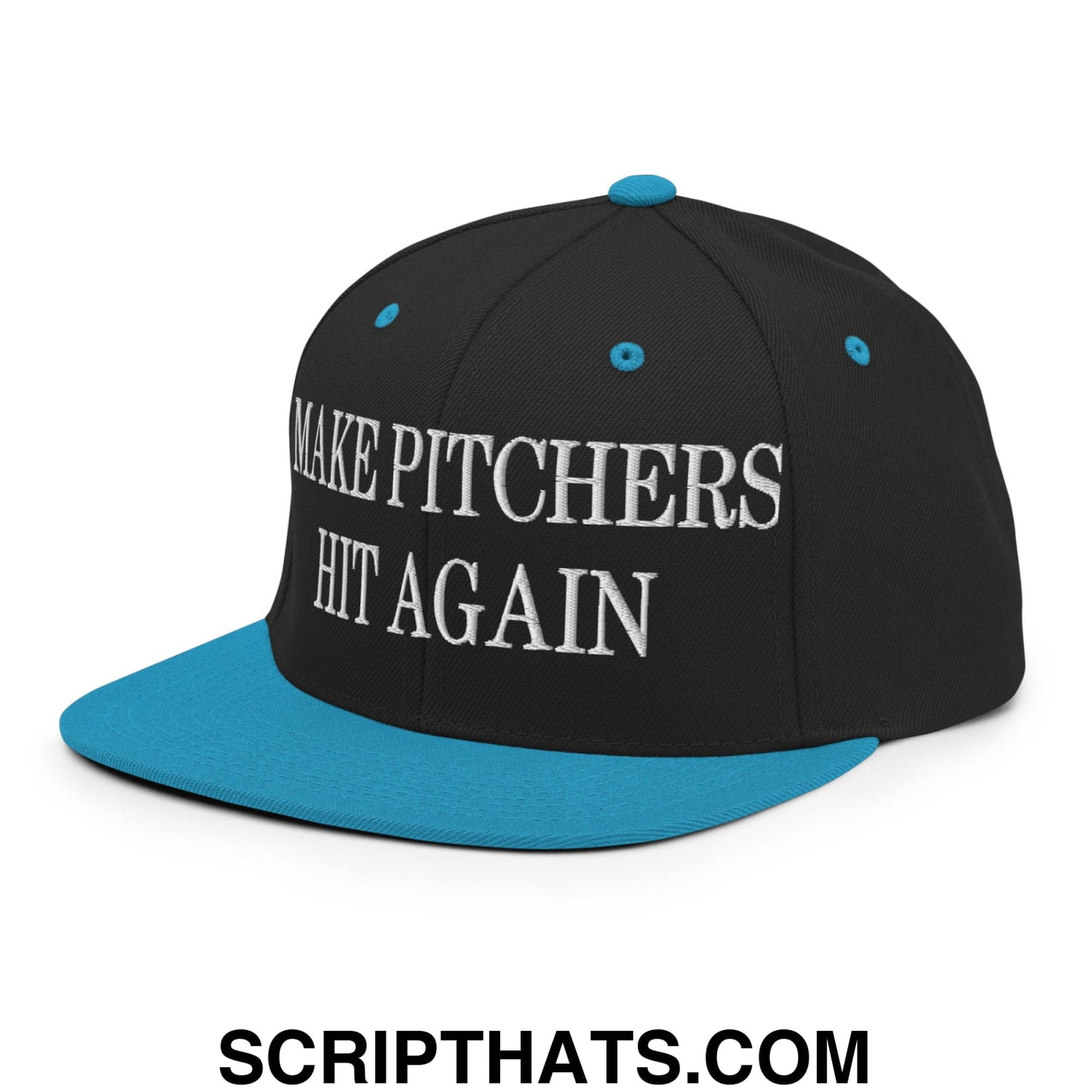 Black and teal snapback hat with white embroidered make pitchers hit again text on flat bill brim