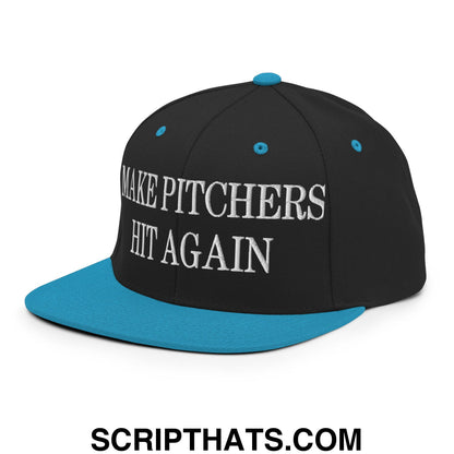 Black and teal snapback hat with white embroidered make pitchers hit again text on flat bill brim