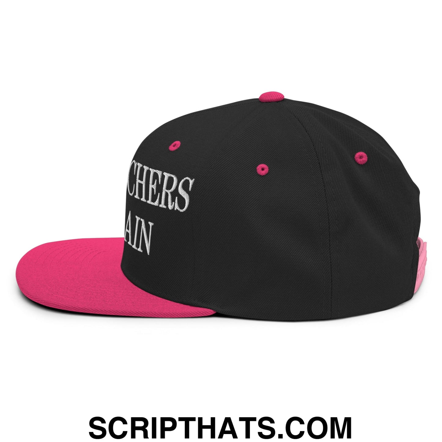 Black and pink flat bill snapback hat with white embroidered cheers again text on the side for sports fans