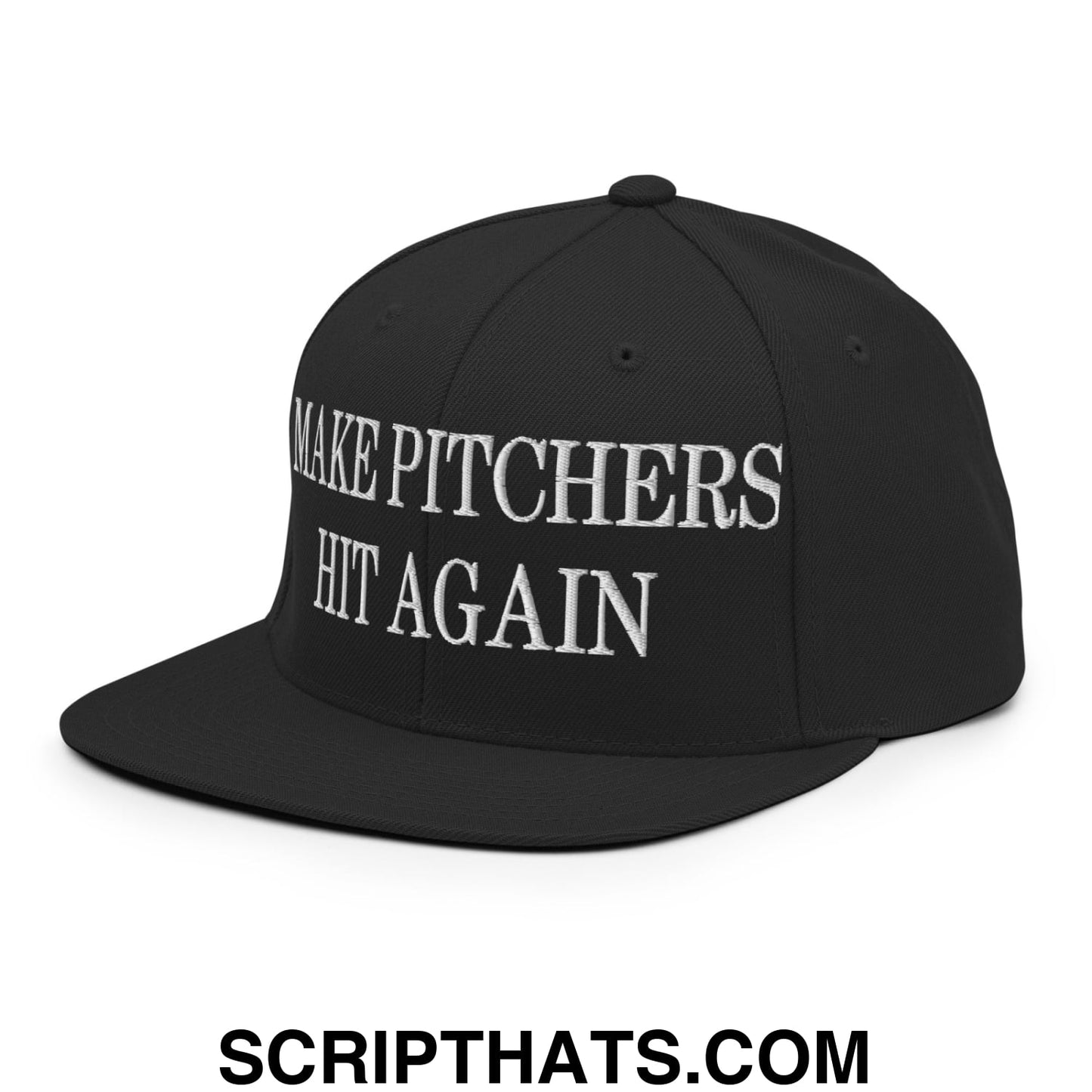 Black snapback cap with white embroidered make pitchers hit again text featuring a flat bill brim design