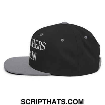 Black snapback cap with gray brim and white embroidered text chers again on the side from make pitchers hit again collection
