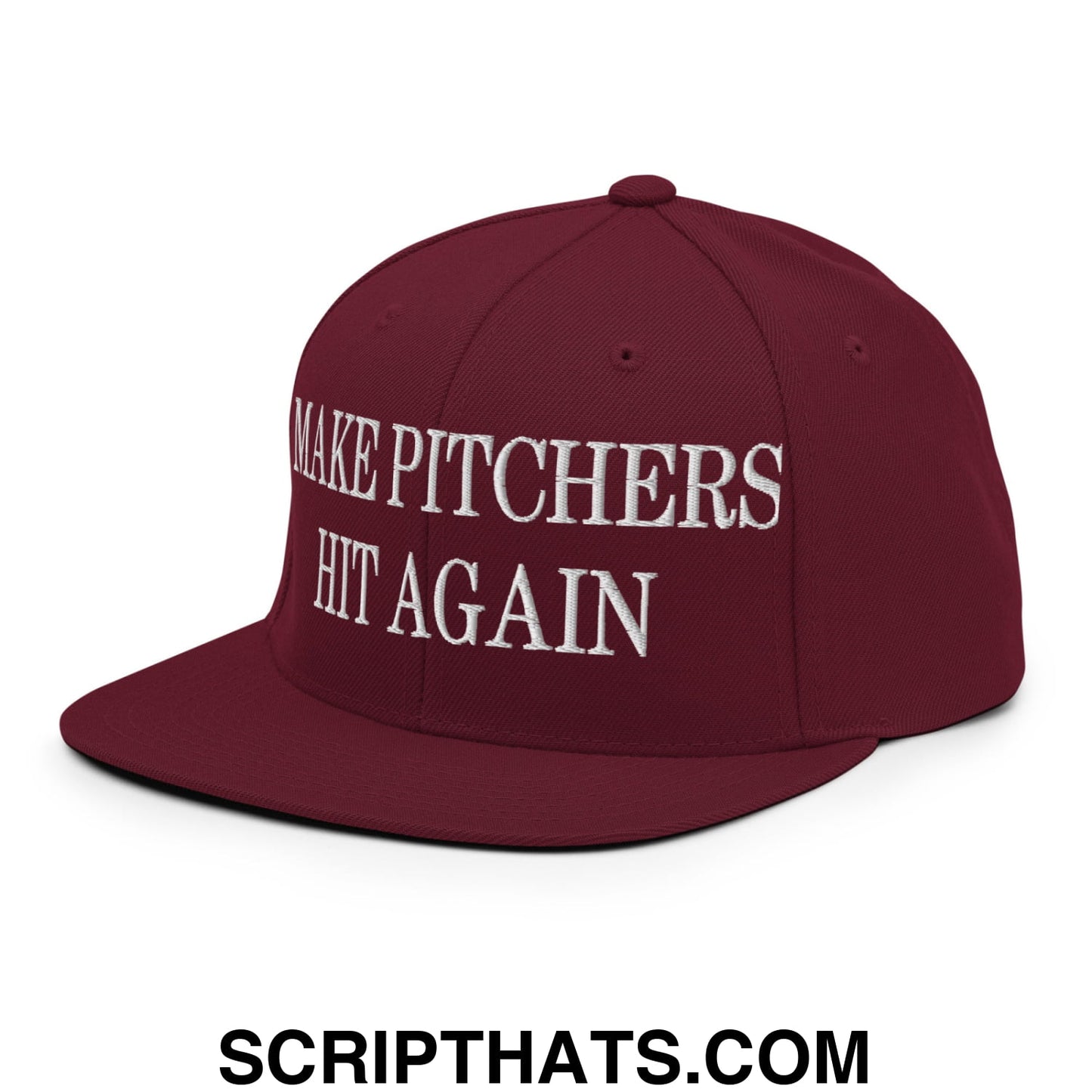 Maroon flat bill brim snapback hat with white embroidered make pitchers hit again text for casual wear