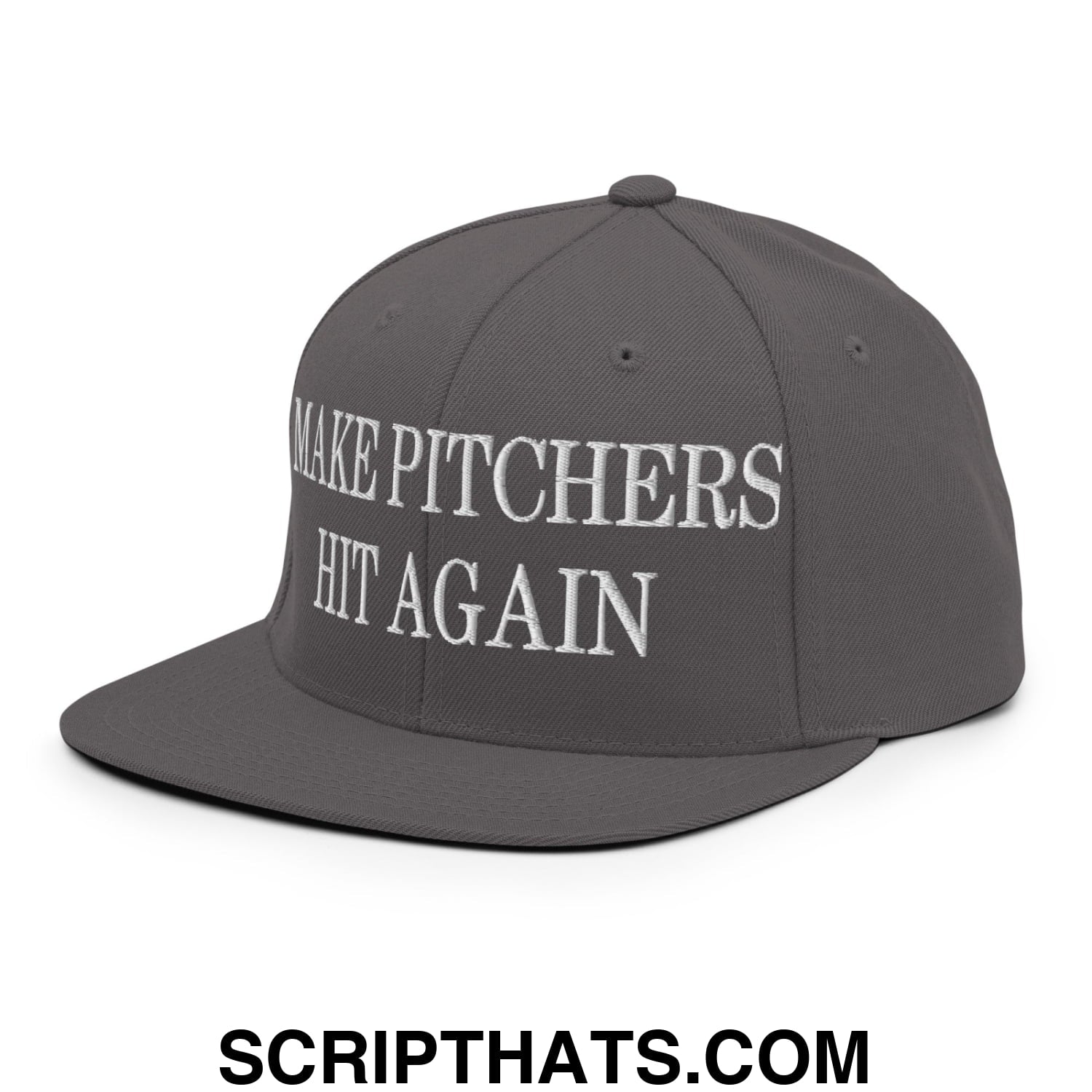 Gray snapback cap with white embroidered make pitchers hit again text and flat bill brim for baseball fans