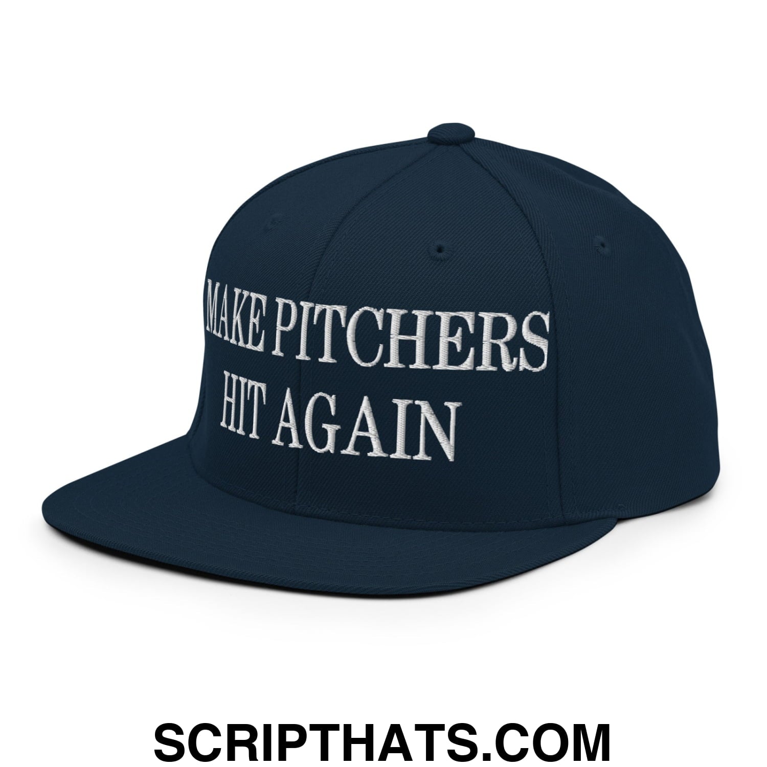 Navy blue snapback hat with white embroidered make pitchers hit again text and flat bill brim design