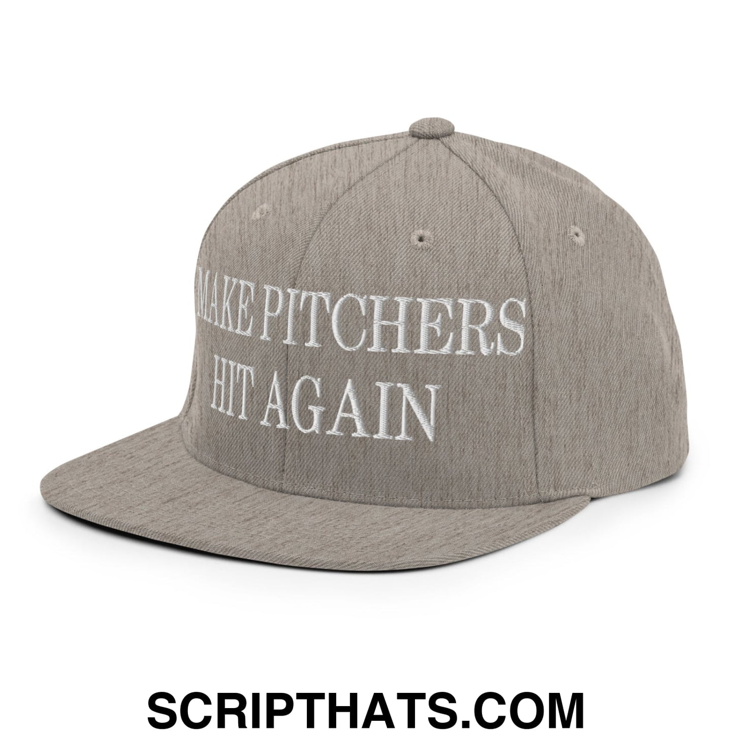 Gray snapback hat with white embroidered make pitchers hit again text and flat bill brim design