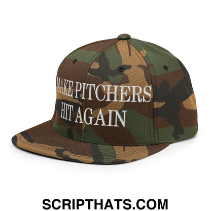 A camouflage snapback hat with white embroidered make pitchers hit again text and a flat bill brim