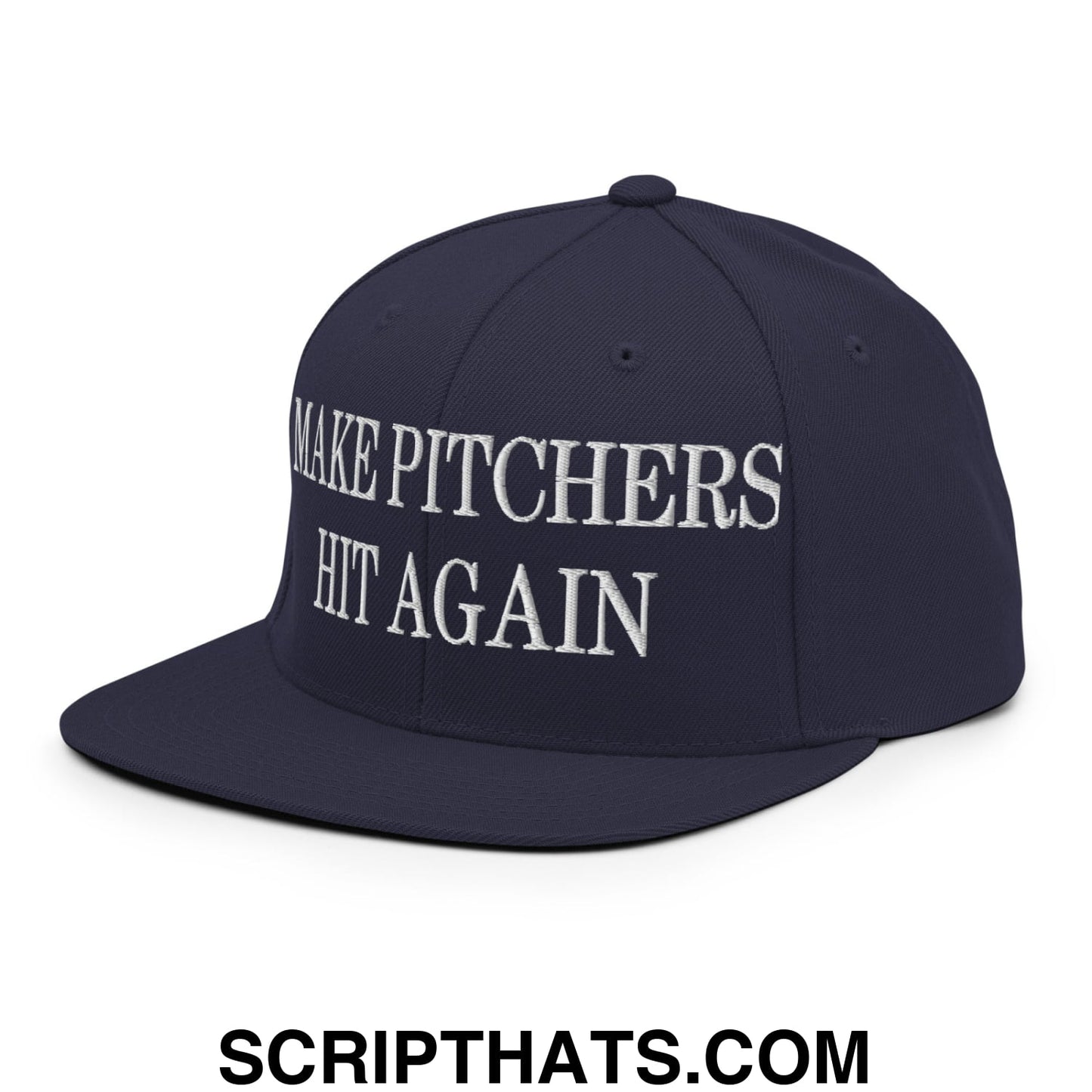 Navy blue snapback hat with white embroidered make pitchers hit again text and flat bill brim design