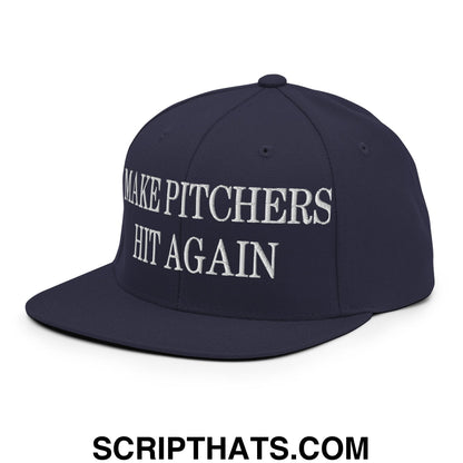 Navy blue snapback hat with white embroidered make pitchers hit again text and flat bill brim design