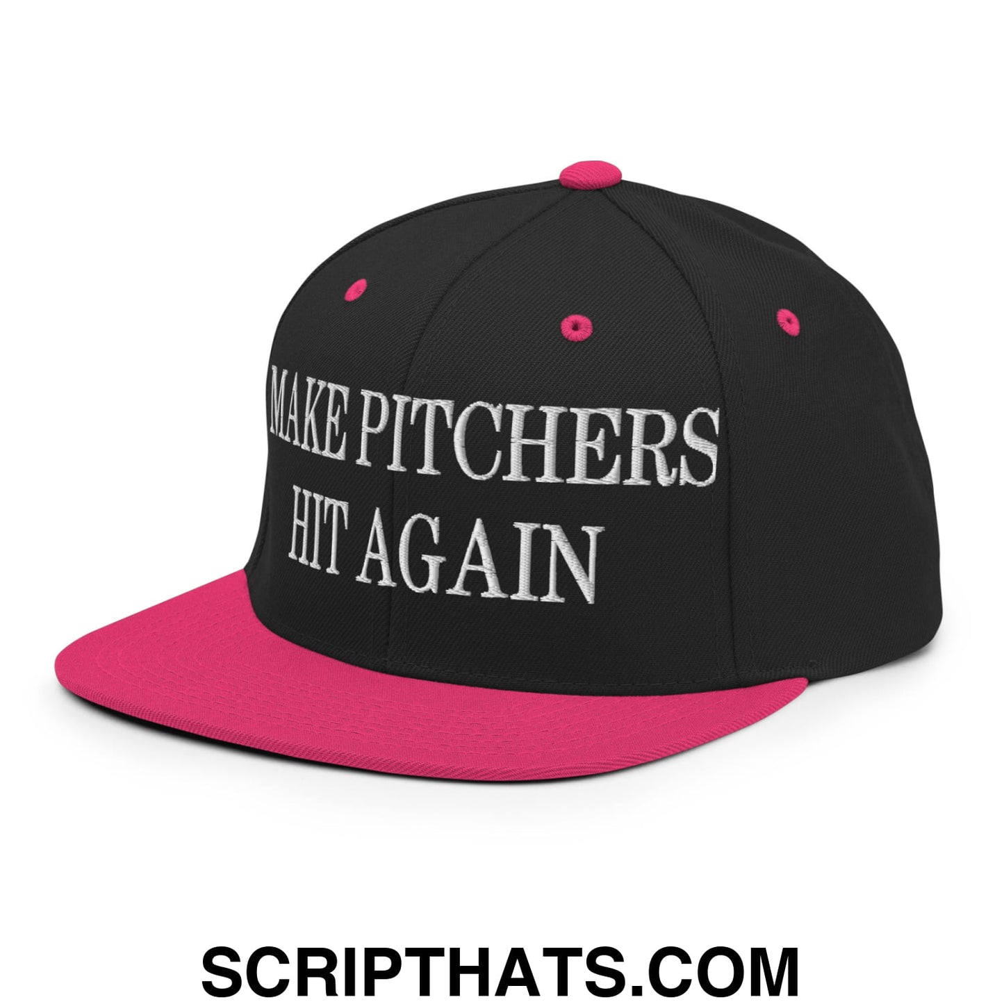 Black and pink snapback hat with white embroidered make pitchers hit again text on flat bill brim